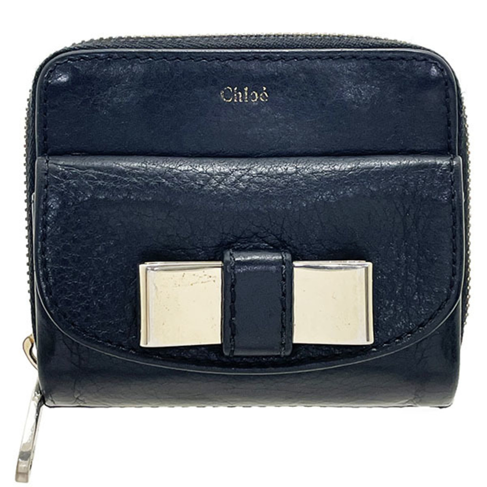 Chloé Chloe Lily Zip Wallet Leather Black 3P0503 Ribbon Round Bi-fold Compact